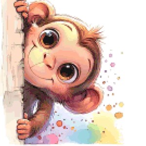 May include: A cartoon illustration of a monkey peeking from behind a tree trunk. The monkey has large brown eyes, a smiling expression, and brown fur. The background features a watercolor splash of pastel colors.