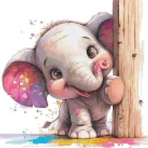 May include: A cute, cartoon-style illustration of a baby elephant. The elephant is light gray with pink accents on its ears, trunk, and cheeks. It's leaning against a wooden post, with colorful paint splatters around it. The elephant has big, brown eyes and a sweet expression.