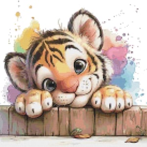 May include: A watercolor illustration of a cute tiger cub with orange and black stripes, peeking over a wooden fence. The cub has big blue eyes and a smiling expression. Colorful paint splatters in yellow, pink, and blue are in the background.