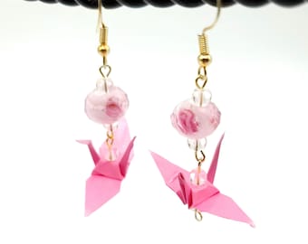 Pink Beaded Origami Crane Earrings