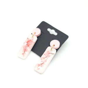 Pink Cherry Blossom Flowers on Bar Dangle Stud Earrings
