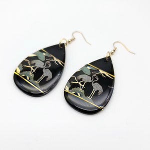 Black Earrings, Crane Earrings, Wood, resin, Japanese earrings, statement earrings, washi earrings