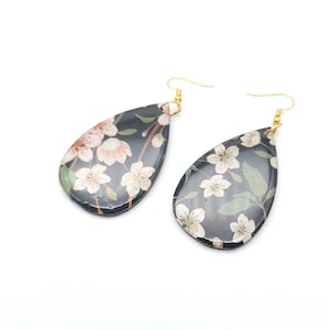Black and White Floral Print Resin and Wood Teardrop Shaped Earrings