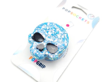 Adorable Handmade Blue Glitter Resin Skull Phone Grip, Skull Popsocket , Kawaii, Goth