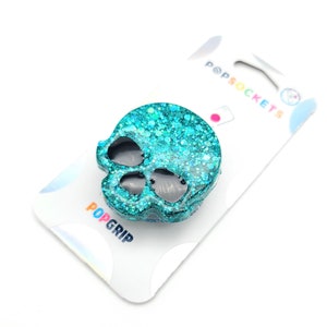 Adorable Handmade Turquoise  Glitter Resin Skull Phone Grip