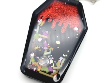 Red Bloody Glitter Coffin Shaker Keychain Charm  Spooky, Halloween Keychain, Shaker Keychain goth Kawaii