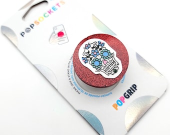 Agarre para teléfono con calavera roja pintada a mano del Día de los Muertos