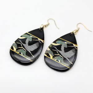 Black Earrings, Crane Earrings, Wood, resin, Japanese earrings, statement earrings, washi earrings
