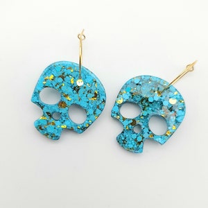 Adorable Glitter Turquoise Look Sparkle Skull Hoop Earrings, Skull Earrings, Resin Earrings, Spooky Dark Kawaii Kawaii Goth