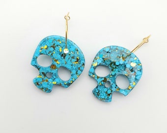 Glitter Turquoise Skull Hoop Earrings: Hypoallergenic Resin Goth Jewelry