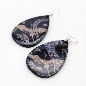 Blue Earrings, Crane Earrings, Wood, resin, Japanese earrings, statement earrings, washi earrings