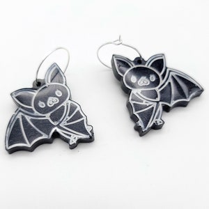 Black Glittery Dangle Bat Earrings