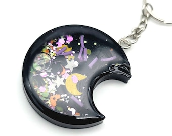 Porte-clés shaker lune noir scintillant : breloque d'Halloween effrayante