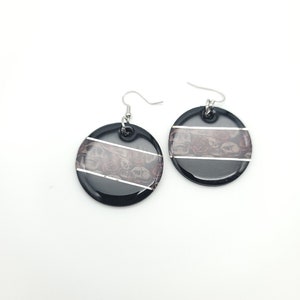 Black and  Silver Skull Print Resin and Wood Round Shaped Earrings, Skull Earrings, Resin Earrings, Spooky Dark Kawaii Kawaii Goth