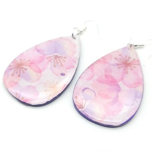 Pink with Purple Cherry Blossom Print Resin and Wood Teardrop Shaped Earrings