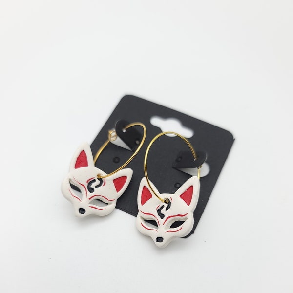 Polymer Clay Kitsune Mask Earrings, Fox Mask, Anime , Cosplay, Kawaii