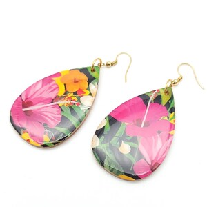 Black Tropical Floral Print Resin and Wood Teardrop Shaped Earrings