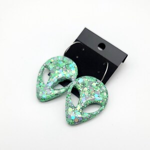 Adorable Green Glitter Alien Skull Hoop Earrings