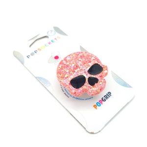 Bedårande handgjort rosa glitterhartsdödskalletelefongrepp, dödskalle Popsocket, Kawaii, Goth
