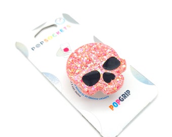 Adorable poignée pour téléphone tête de mort en résine rose pailletée faite à la main, tête de mort, popsocket, kawaii, gothique