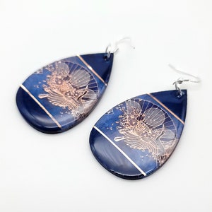 Blue Earrings, Crane Earrings, Wood, resin, Japanese earrings, statement earrings, washi earrings