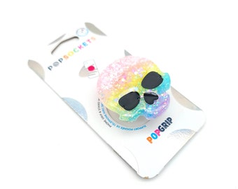Adorable Handmade Rainbow Glitter Resin Skull Phone Grip, Skull Popsocket , Kawaii, Goth