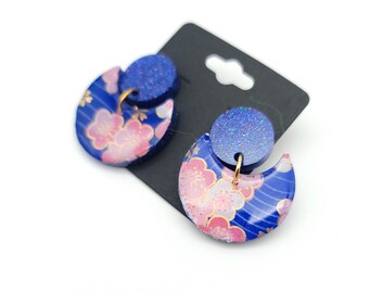 Bright blue Glitter Sakura Japanese Cherry Blossom Dangle Stud Earrings