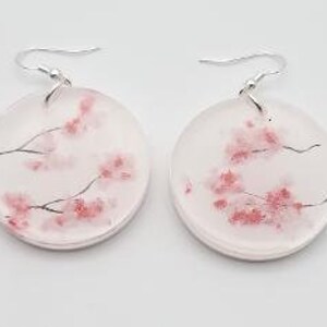 Hand Painted Sakura Pink Cherry Blossoms Dangle Resin Earrings