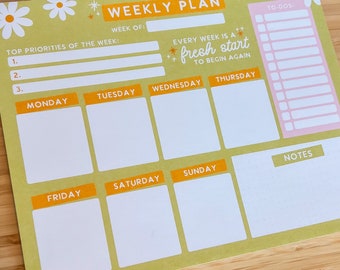Green Daisy Colorful Weekly Planner Notepad | 8x10 with 50 Sheets | Schedule and To-Do List | Organization and Productivity