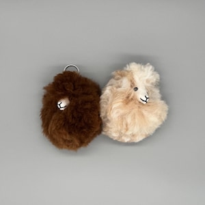 Adorable Handmade Alpaca Fur Pom Pom Keychain with Embroidered Baby Alpaca Face, Ethical Unique Accessory or Cute Animal Gift Idea