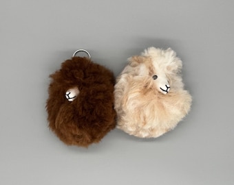Adorable Handmade Alpaca Fur Pom Pom Keychain with Embroidered Baby Alpaca Face, Ethical Unique Accessory or Cute Animal Gift Idea