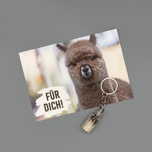 Carte Postale Alpaga Mignon avec Bébé Alpaga Moelleux & Porte-Bonheur avec Laine d'Alpaga Véritable, Cadeau Idéal pour Amoureux des Animaux