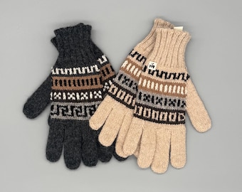 Guantes de alpaca con estampado andino, confeccionados con 100% lana de alpaca bebé – guantes de invierno unisex, cálidos y suaves, en colores naturales (antracita, beige).