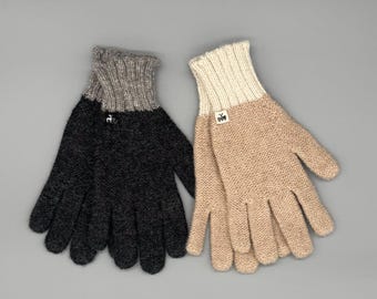Guantes suaves hechos de 100% lana de alpaca bebé para manos grandes: cálidos, suaves, elásticos y sostenibles (negro, beige)