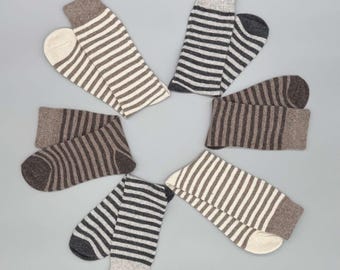 Striped Socks Made from 92% Alpaca Wool – Cozy Striped Socks for Women and Men (Grey, Brown)