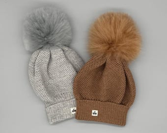 Gorro de alpaca tejido a mano de alpaca bebé con pompón de pelo extraíble, cálido y acogedor, hipoalergénico, gris o marrón, gorro de invierno unisex.