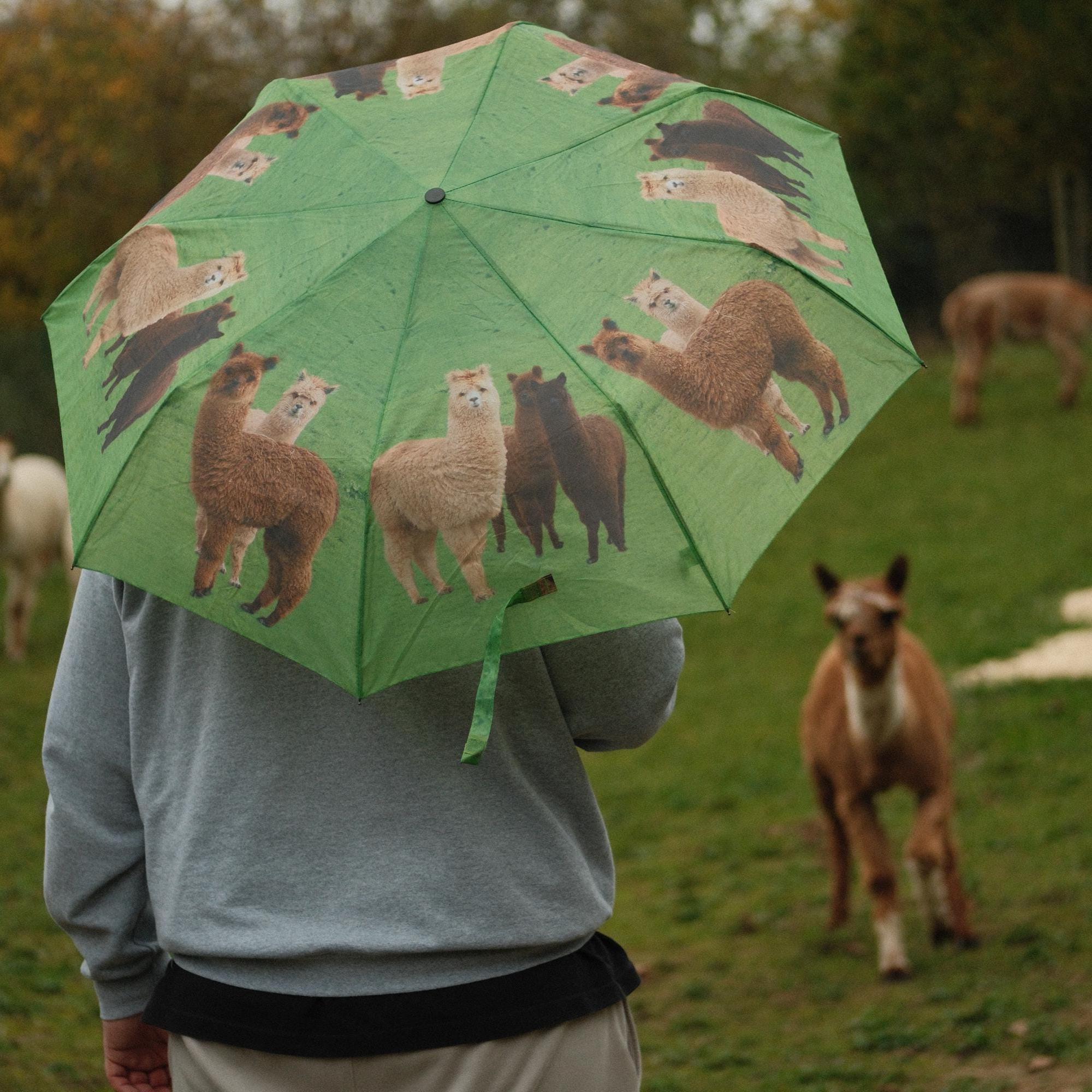 Cute Alpaca Umbrella – Automatic Compact Travel Umbrella with Fluffy Alpaca Design, Windproof, Sleeve – Gift for Animal Lovers