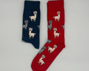 Calcetines largos de alpaca con un bonito motivo de alpaca, confeccionados con un 80 % de lana de alpaca bebé: calcetines coloridos y suaves para otoño e invierno (azul, rojo).