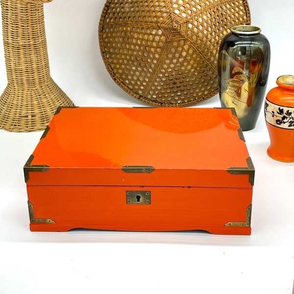 Lacquer Orange & Brass jewelry box made in Japan