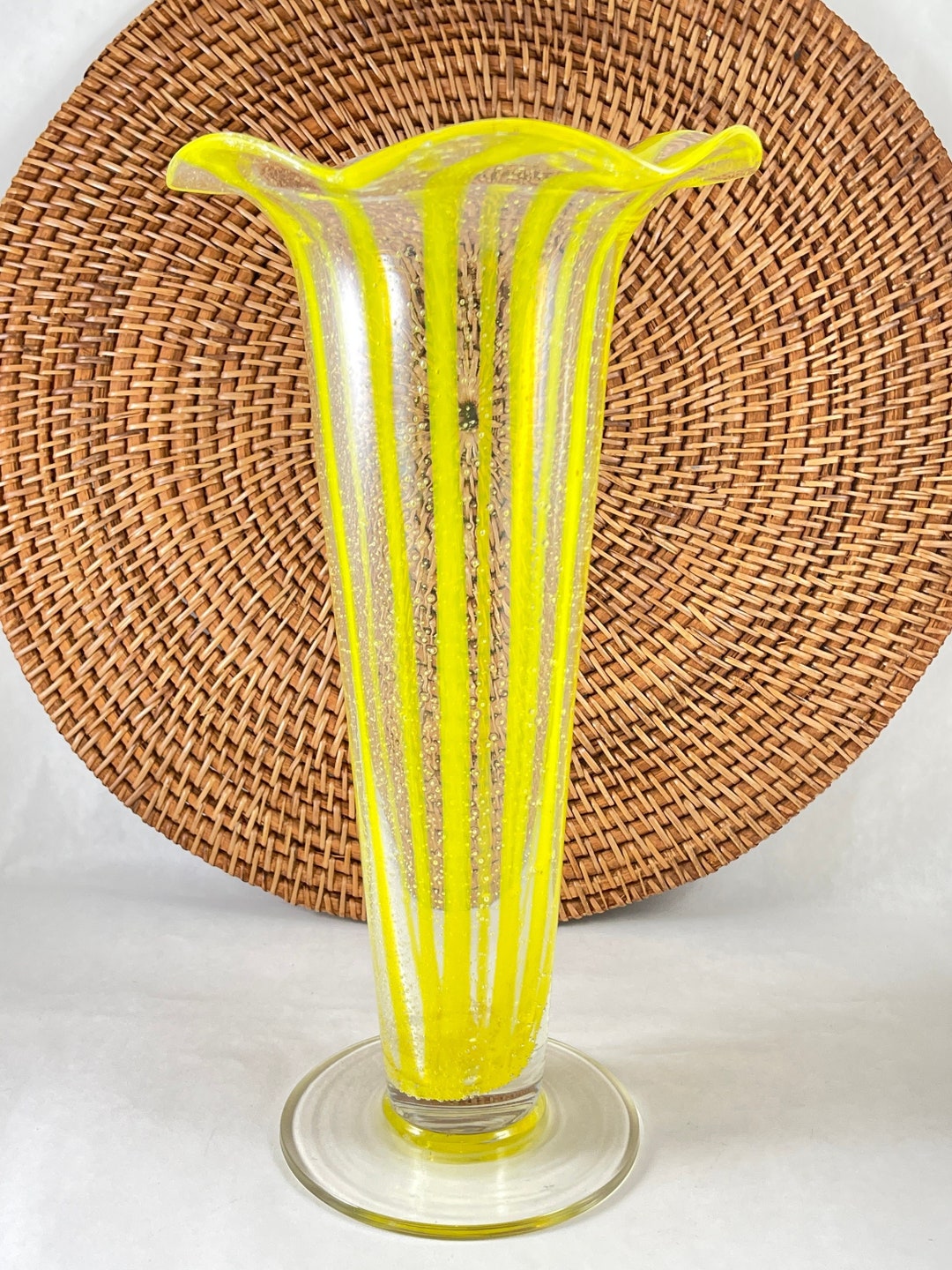 Murano Hand Blown Art Glass Trumpet Vase With Fluted Edge and Weighted