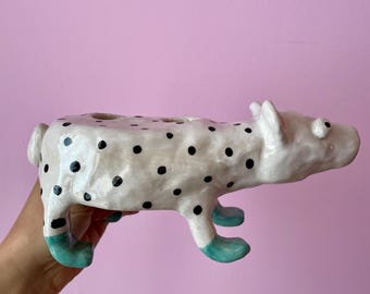 Handmade Whimsical Bear Candle Holder, Polka Dot Design