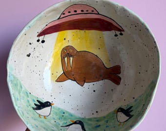 Handmade Ceramic Ramen Bowl Walrus Abducted by UFO and Penguins, Hand Painted Stoneware Soup Dish, Crystalline Glaze Funny Pottery Gift