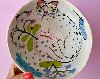 Handmade Ceramic Bowl for Soup, Ramen or Matcha – White Cat with Black Dots in the Rain with Worm and Plants – Unique Hand-Painted Stoneware
