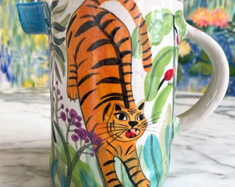 HANDMADE Ceramic Jug| Stoneware Jug Decorated With Tigers In The Jungle | Handmade Pottery Jug | Hand Painted Carafe | Kitchen Home Décor