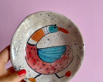 Hand-painted stoneware bowl with watercolor duck – handmade and unique, perfect for appetizers or sauces