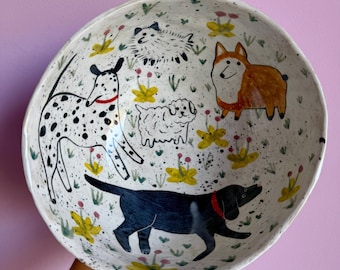 Handmade Ceramic Ramen Bowl Dogs Playing in Flower Meadow, Hand Painted Stoneware Soup Dish, Dalmatian Dog Lover Gift, Noodle Bowl