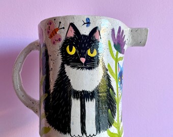 Handmade Stoneware Pitcher “Blue Cats and Rainy Garden” – Hand-painted jug with ducks, flowers, and smiling cloud