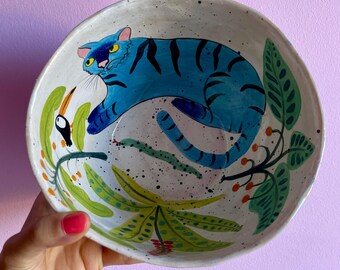 oneware Bowl “Blue Tiger and Toucan” – Hand-shaped and hand-painted, turquoise and aqua glazes