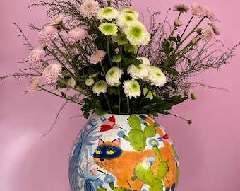 Handmade stoneware vase- Colorful cat art with cactus and Hummingbirds. Unique band painted ceramic pottery Home Decor