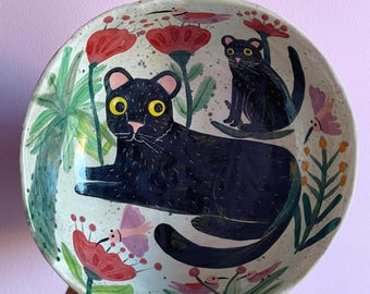 Stoneware Pedestal Bowl “Black Panther and Cub” – Hand-shaped and hand-painted, colorful birds and flowers design